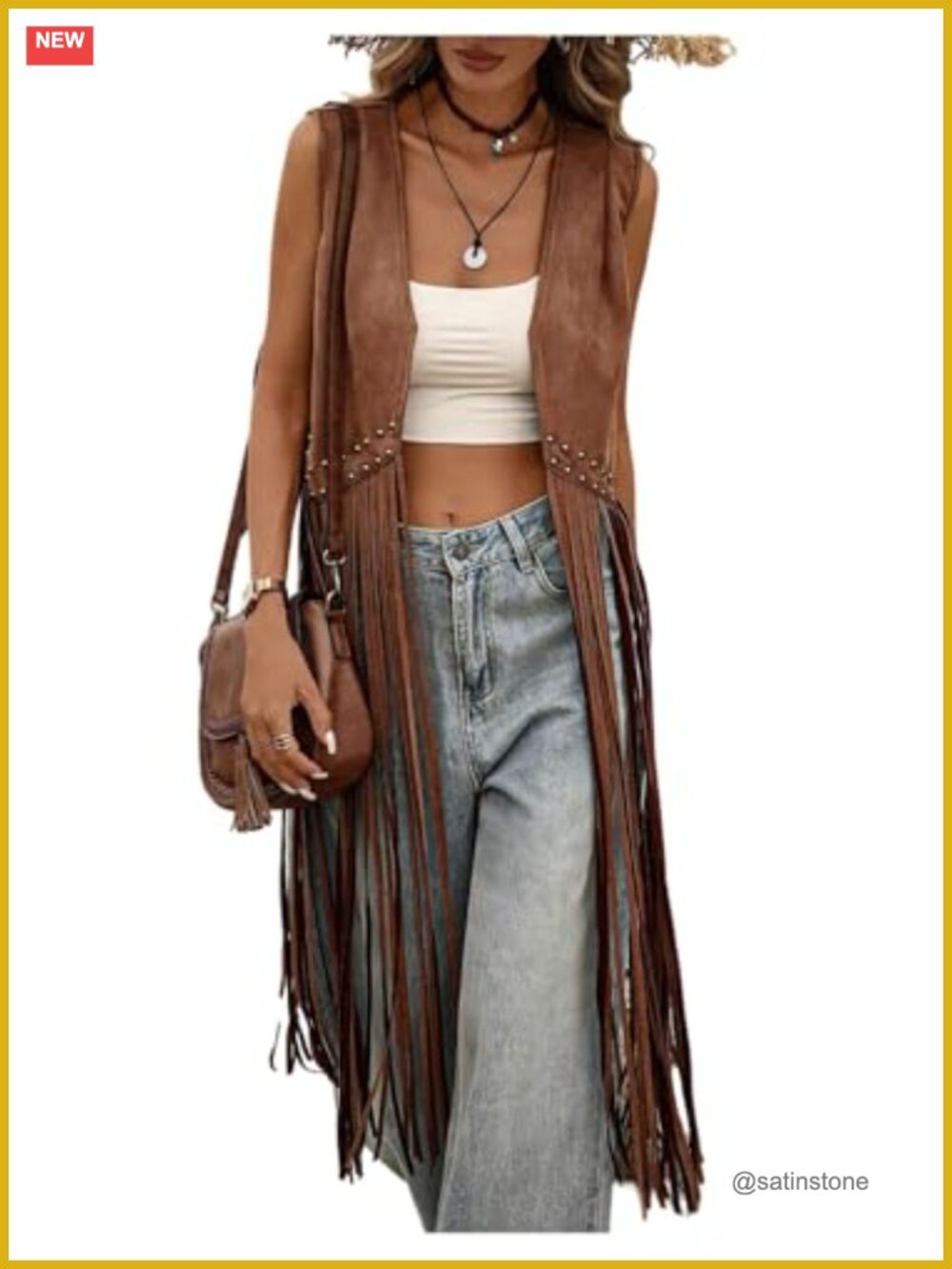 Women's Faux Suede Fringe Vest Sleeveless Studded Tassel Western Concert